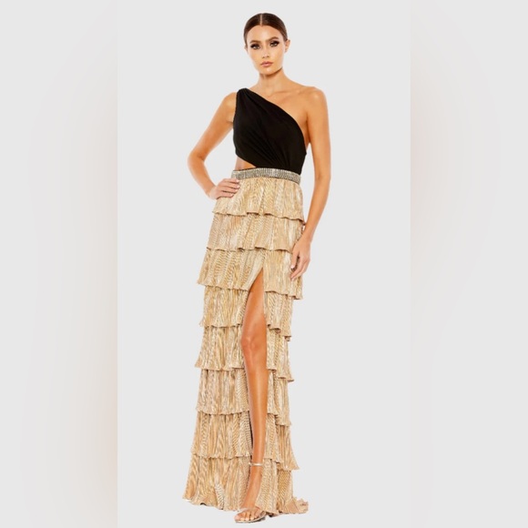 💃🏽IEENA for MAC DUGGAL Tiered One Shoulder Gown. Color:Gold/Black. Size: 12 - Picture 1 of 10